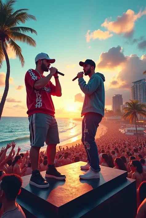 2 streetwear male white singers singing reggeaton with microphone and parlantes on the roof above a large building on the beach with lots of people dancing and watching