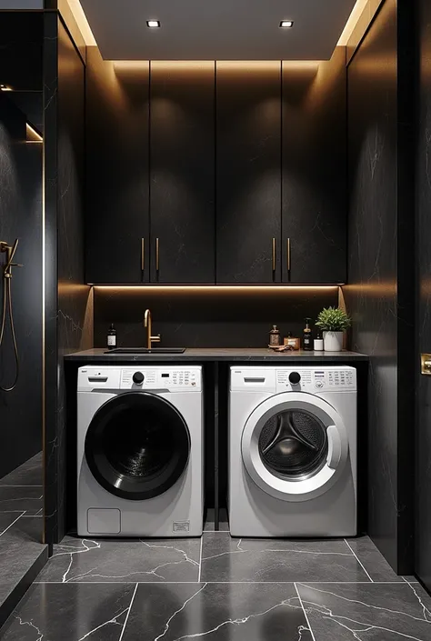 bathroom with black marble and a white 2in1 washing machine and dryer, there is also a large closet for a couple and the bathroom is also large 