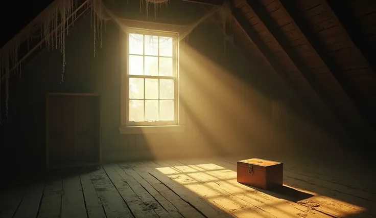 The attic bathed in soft morning light reveals an empty, silent space. Cobwebs hang from every corner, and the dusty floor is undisturbed. A vintage box sits faintly visible in the light. UHD, cinematic realism, and a serene yet unsettling atmosphere.
