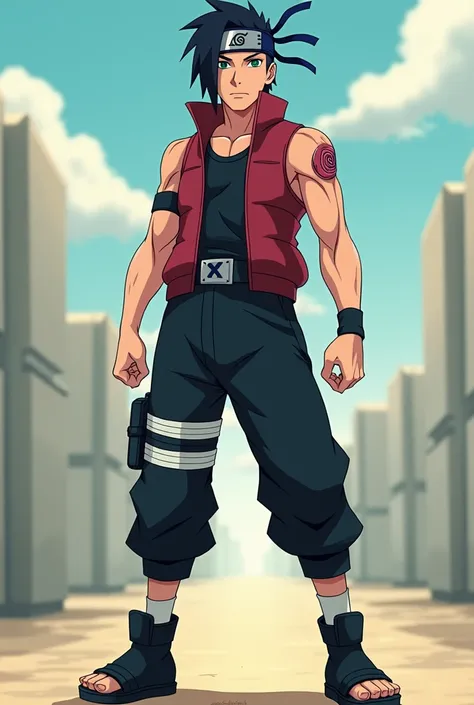  make a fictional male character , naruto anime style, He has black hair,  a konoha bandana on his head ,  he wears the Jounin de Konoha vest as a tank top , His arms are showing ,  and on his right arm there is a Kurama seal symbol,  the pants are black a...