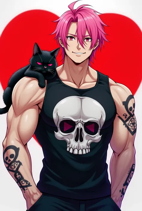 Anime hombre tiene el pelo rosado  con gato negro durmiendo sus ojos son rosado en el superior es musculoso con bicle negro con imagen de calavera  no tiene mangas en los brazos  tatuaje de un gato  inferior pantalón negro zapatos negro  Fondo de atrás tie...