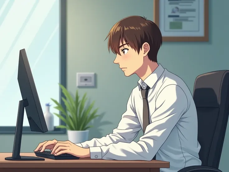  Create a realistic anime-style image of a 30-year-old man of average height with a thick brunette build and straight short hair with a long nose and light eyes ..  the man is in an office generating some reports for a meeting .. The office is clean and ve...