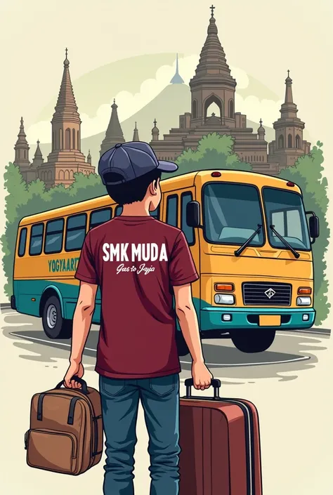 "Create a screen printing design for a study tour t-shirt with a cartoon image of a teenage boy wearing a maroon t-shirt with the text SMK MUDA in capital letters and Goes to Jogja in script font. The boy is wearing an industrial cap, carrying a bag, and h...