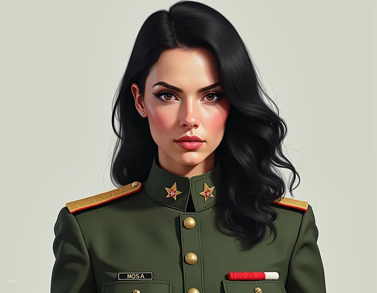 "A serious-looking 30-year-old woman of Russian descent, leader of a military faction, with black hair. She is wearing military clothes. The style should be realistic digital art with emphasis on details and texture, including descriptions like smooth text...