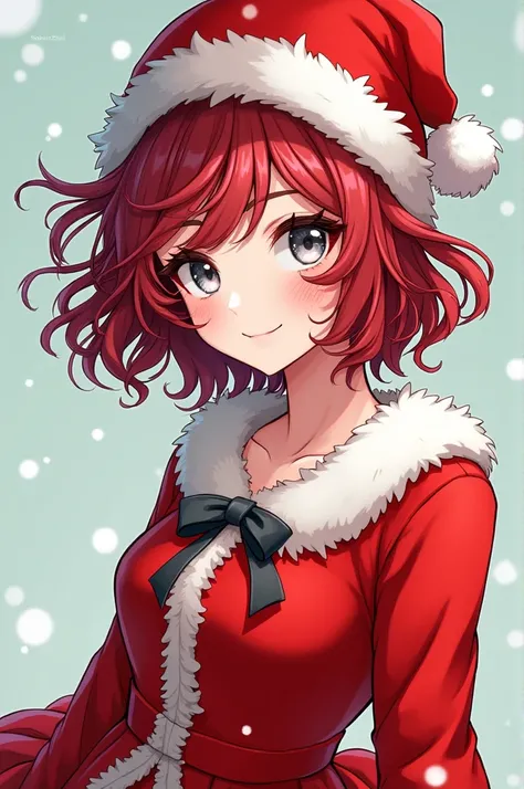 Manhwa .  Woman with short hair, dark red wavy
,  pale white skin ,  slanted greyish eyes. red christmas dress,  Christmas hat