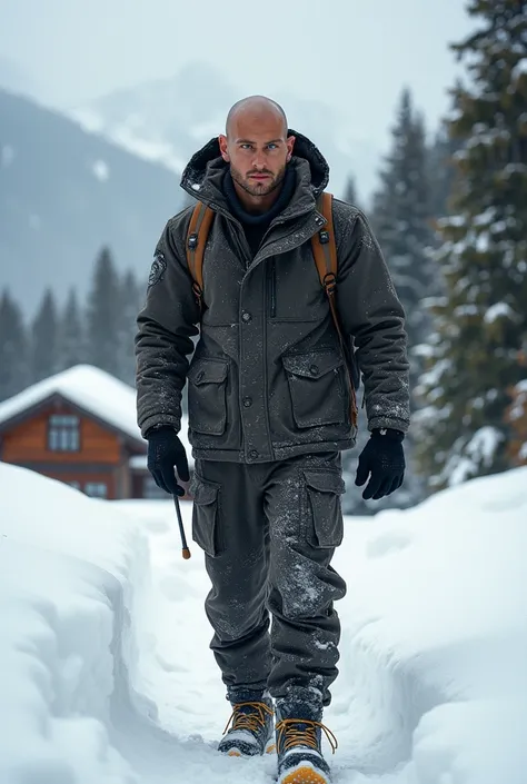 Attractive Man, skinhead,  blue eyes with challenging eyes , wide and tall shoulders , with brown skin,  large and defined muscles ,  realistic ,  round, Jeremy Meeks style
 dressed in snow cover , snow pants,  snow boots hiking a snowy mountain with a woo...