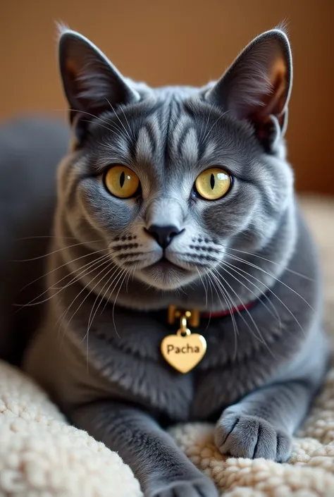 Vrai chat chartreux avec plaque didentification au nom de Pacha