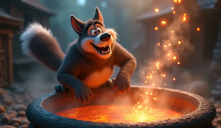 "A thrilling scene in Disney 3D style showing the moment when the Big Bad Wolf falls into Fifos trap. The wolf is sliding down the chimney of the old Stone House, with an expression of surprise and despair, as it falls straight into the Stone cauldron hot ...