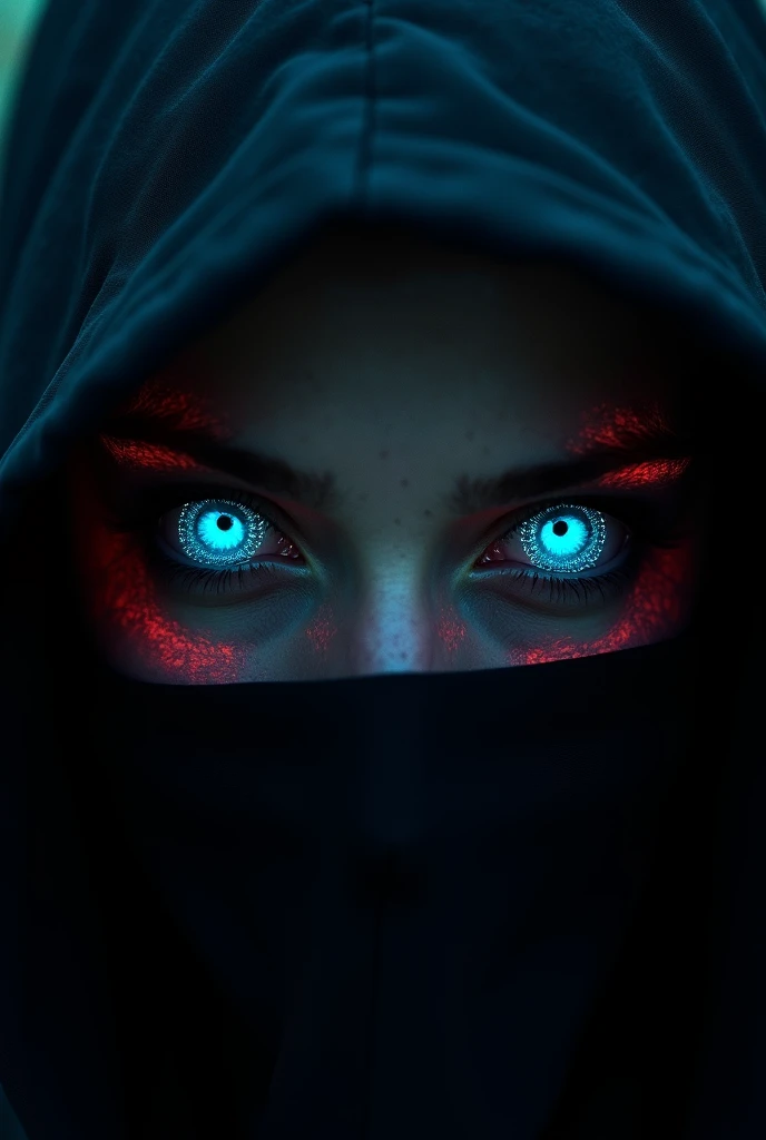 a close up of blue human eyes of black figure on completely black background, photorealistic, dynamic lighting, colorful, bright colors, men, mysterious