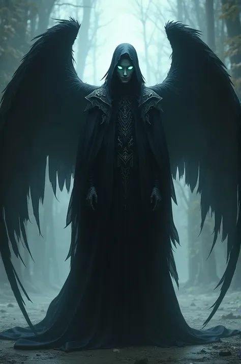 Create an image of a mystical, cynical angelic character who has a cold, composed demeanor. This character is similar in behavior to Madara Uchiha from Naruto, exuding an air of aloofness and superiority. The angel has dark, ethereal wings that seem to shi...