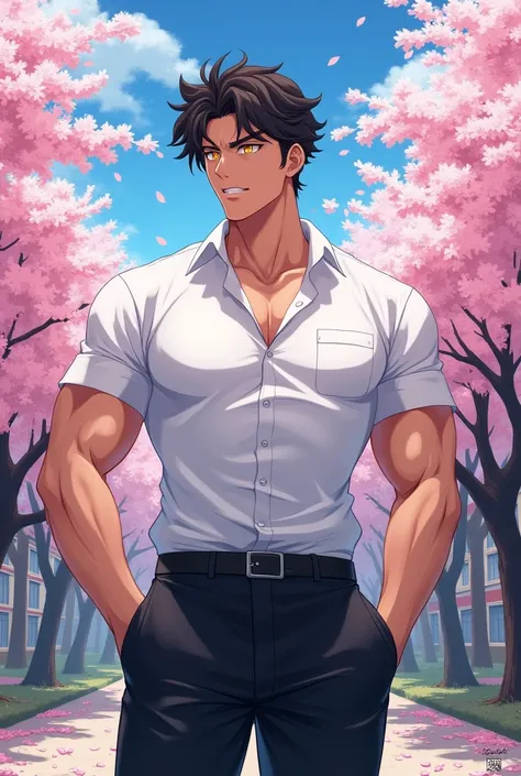 anime male, curly wide hair, white shirt, muscular body, black pants, school background, cherry blossom trees, gold eyes