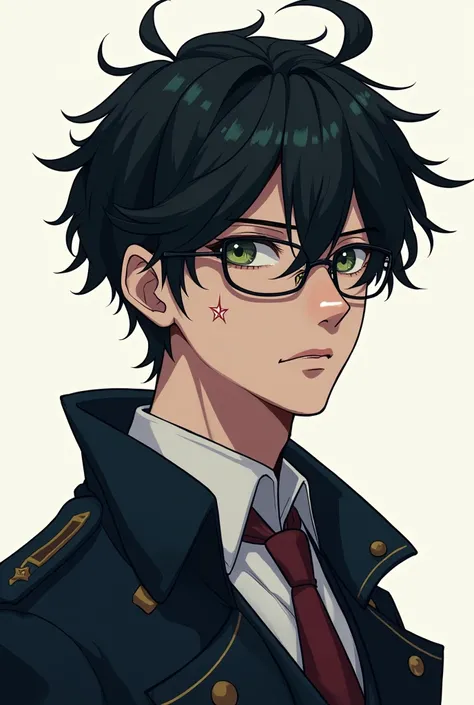 Anime boy with black hair , beautiful,  measures 1 ,79, with glasses, nerd,  school uniform with a s face, ,  several scars on the face, Hes always serious and reading a book