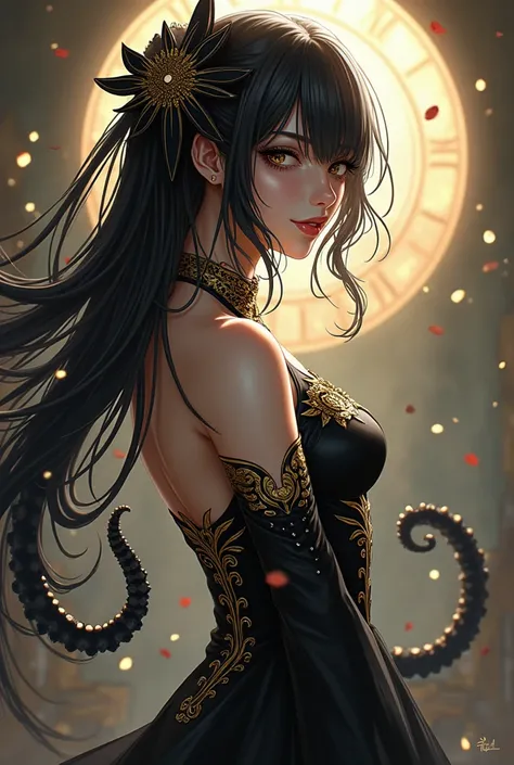  high quality, adult woman,  tongue , white pele, black and gold hair ,  athletic body ,  black dress with gold details ,  black veil with gold details , black and gold octopus tentacles sticking out of the back,  dark anime art style , full hd 4k 8k