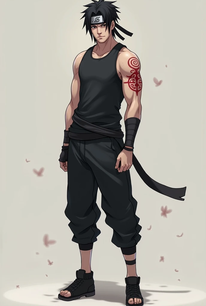  make a fictional male character , naruto anime style, He has black hair,  a konoha bandana on his head , He has a black tank top , His arms are showing , And on his right arm there is a symbol of the Matatabi seal,  THE SYMBOL ON THE ARM IS BLACK as if it...