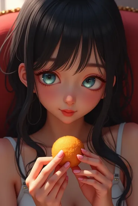 a very pretty girl with black hair and blue eyes kissing a croquette on a red sofa