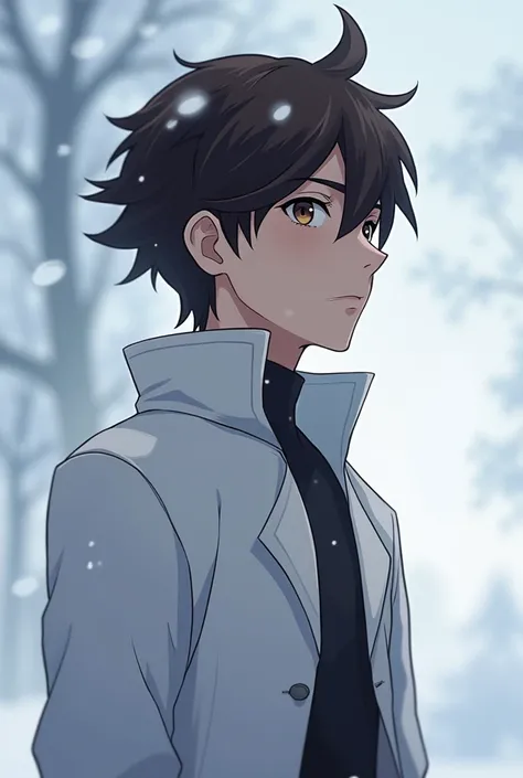 Create an anime character that appears to be in his 20s and is similar to Kirito Naofumi, etc., Just create his face ,  in the frame of a profile picture .  brown eyes hair like Kirito and white and black clothes, As if it were snowing without accessories ...