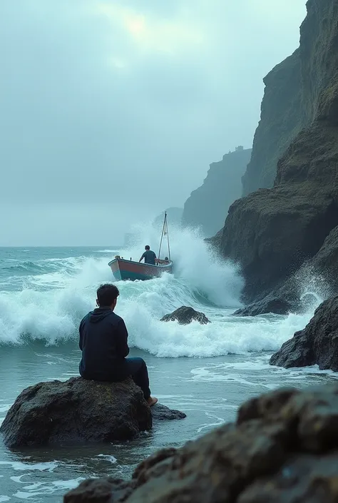 Image ultra-réaliste avec une résolution 8K, vue de face dune sirène assise sur un rocher au milieu de la mer alors que les vagues sécrasent sur les rochers,  looking at the fishing boat with a fisherman inside among the high waves. Elle le regarde pour le...