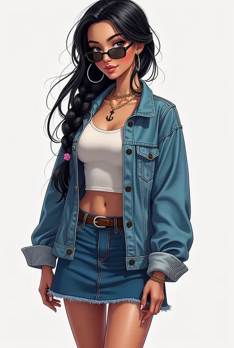 woman, black hair, Stuck on one side,  wet hair,  Long hair with low braid , toys, toys de argola, defined muscle body, Makeup , gentle smile,  Hair Ornament,  earphone, sunglasses, Anchor choker,  dressed in a denim skirt ,  medium top brown boots ,  blou...