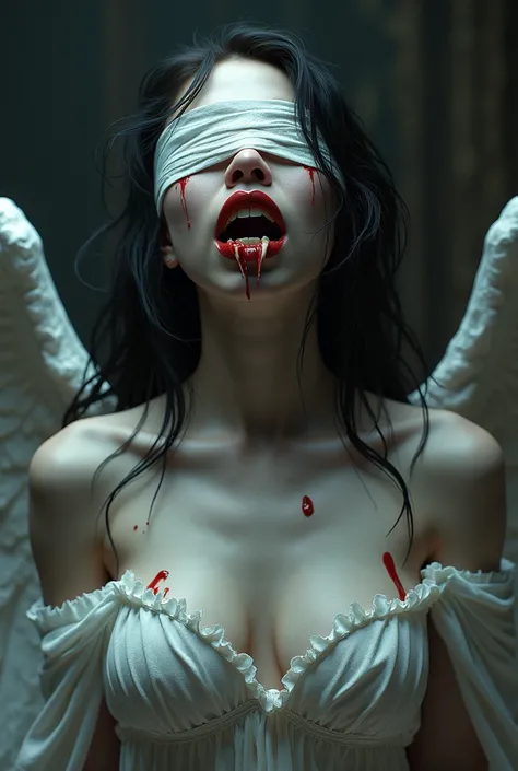 Female blindfolded suffering angel vampire hybrid "with wings" and "sharp white fangs showing in thier mouth where canine teeth are supposed to be but a little longer than normal canine teeth."    "Wearing blindfold,"  "eyes bleeding, blood bleeding out fr...