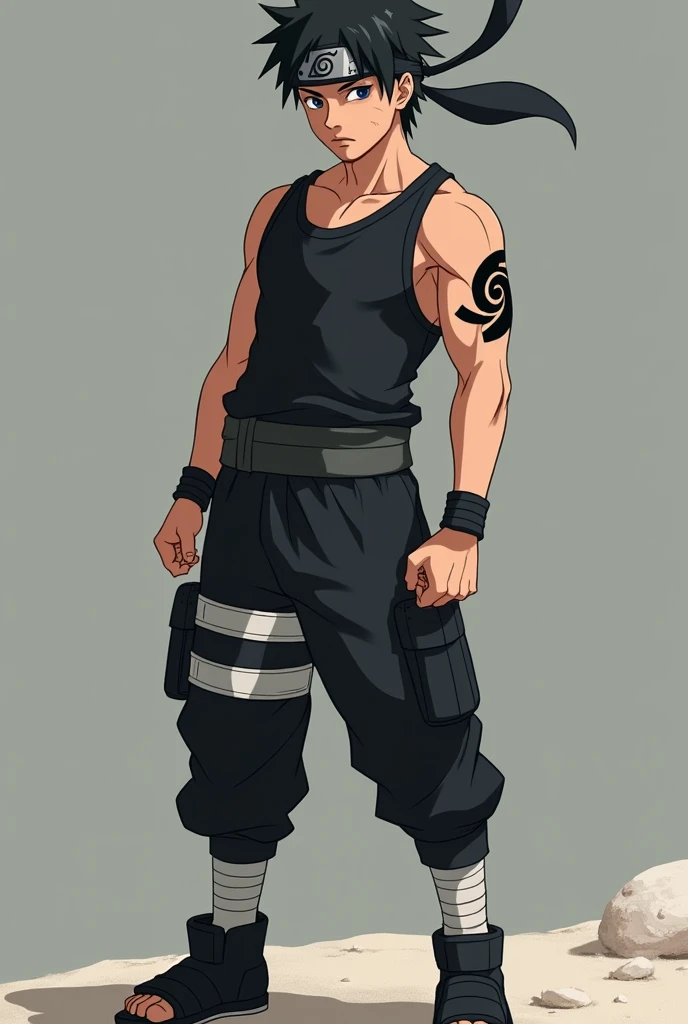  make a fictional male character , naruto anime style, he has short black hair, a konoha bandana on his head , He has a black tank top , His arms are showing ,  and on your right arm there is a seal symbol like a tattoo, SYMBOL ON THE ARM IS BLACK  , the p...