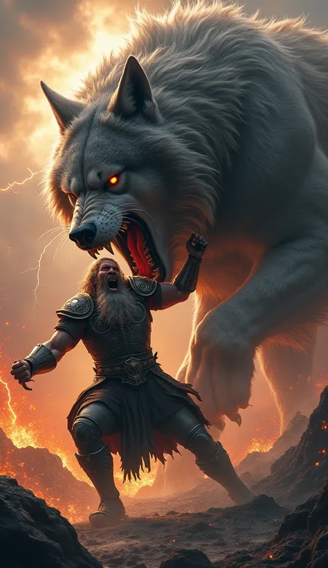 Fenrir devouring Odin in Ragnarok hyper realistic illustration