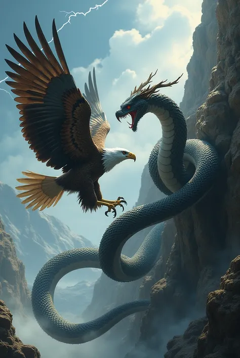 Hyper realistic epic scenario: an Eagle and a serpent in battle 