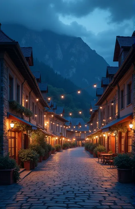 a square in a town in the middle of mountains at night, Without energy , With the lamps turned off . In the dark, style: fancy, soft colors,  magical atmosphere .


