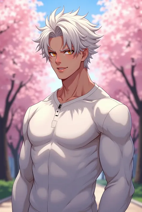 anime male, white hair, teen, curly wide hair, white sweater, muscular body, black gi pants, school background, cherry blossom trees, gold eyes, long eyelashes, lip gloss, 