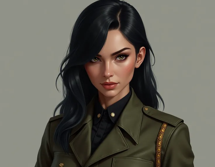 "A serious-looking 30-year-old woman of Russian descent, leader of a military faction, with black hair. She is wearing military clothes and has a fit, muscular build typical of a military physique. The style should be realistic digital art with emphasis on...