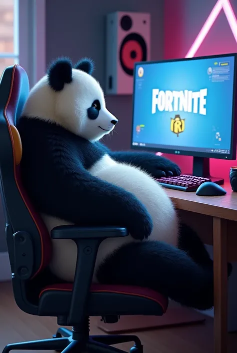 
A fat panda sitting in a set-up gamer who can see on his monitor that he is playing Fortnite