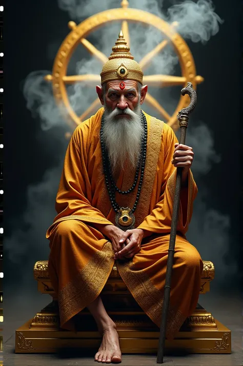 Create a hyper-realistic digital image of an old Thai hermit with sharp, fierce golden eyes. A gem shaped like an eye is in the middle of his fiery red forehead. He wears a golden crown in a Sukhothai-style Thai pattern with a short tuft on top. He wears a...