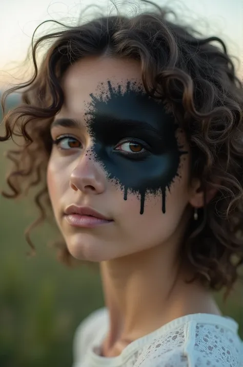 Young white woman with curly hair and black eyes on the field with a large black spot covering her entire face