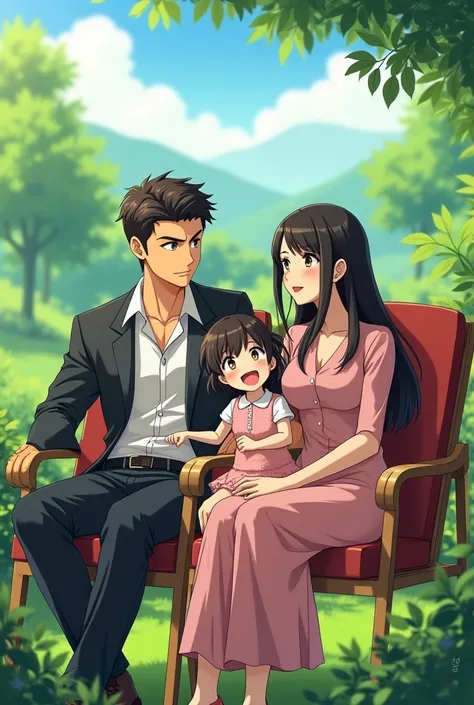 Create an anime man who is a spy who is together with his wife and  daughter, all new , charismatic ,  happy and affectionate ,  in a landscape of a place each one sitting on a chair 