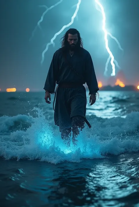 "A man with long hair and a beard,  walking on rough waters in the midst of a storm .  He is dressed in dark clothes ,  that appear wet due to the intense rain .  Lightning illuminates the gloomy sky ,  creating a dramatic atmosphere .  The water around hi...