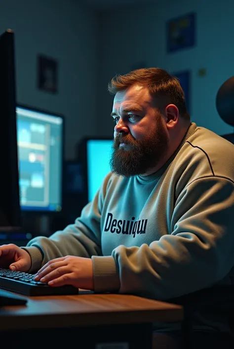 Fat man with a short beard playing League of Legends on the computer and who has a sweatshirt that wears Desubique
