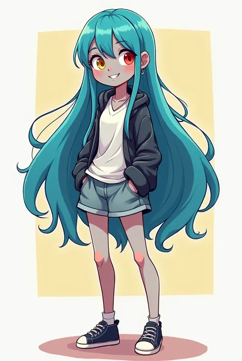 Create an imageI need you to create an image for me that is one with long blue hair she has to have a yellow eye and the other red I also need her to have a white t-shirt with a gray tank top and a gray blouse she has to have a skirt also a plain skirt and...