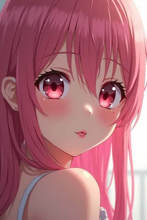 a highly detailed portrait of a beautiful anime-styled girl with large breasts, long straight pink hair with an ahoge, kind expression, eyes closed with droopy eyes, facing the camera with a close-up view of her face filling the frame, pouting lips, arms o...