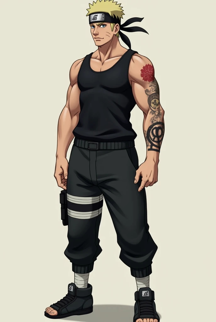  make a fictional male character , naruto anime style, Does he have Buzz Cut hair, a konoha bandana on his head , He has a black tank top , His arms are showing ,  and on your right arm there is a seal symbol like a tattoo, SYMBOL ON THE ARM IS BLACK  , th...