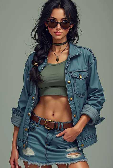 woman, black hair, Stuck on one side,  wet hair,  Long hair with low braid , toys, toys de argola, defined muscle body, Makeup , gentle smile,  Hair Ornament,  earphone, sunglasses, Anchor choker,  dressed in a denim skirt ,  medium top brown boots ,  blou...