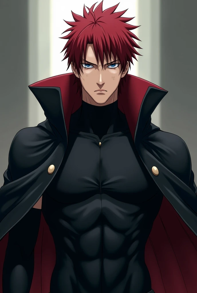  create a character with dark red hair and short dark blue eyes freckles on his nose He must be tall and strong and wear a black compression shirt in addition, He is evil and is wearing the cloak of Akatsuki 