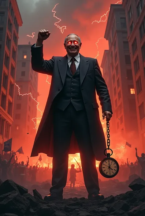 Lord of Chaos Character Description: Vladimir Putin is in a tattered suit, with burning eyes and a grin. He stands on top of the rubble, waving a chain with a clock symbolizing the time of his power. Background: Destroyed city, burning buildings, black sky...