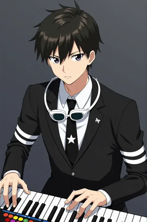 Shinichi Sakurai wearing a white shirt and black jacket with two white stripes on each sleeve of his hands and white swimming goggles with black visors hanging around his neck and a black tie with a white star in the middle and a colorful keyboard 