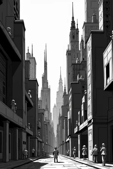 Create a black and white comic of a city with several buildings in the shape of a manga