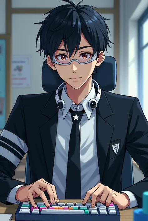 Shinichi Sakurai wearing a white shirt and black jacket with two white stripes on each sleeve of his hands and white swimming goggles with black visors hanging around his neck and a black tie with a white star in the middle and a computer keyboard with col...