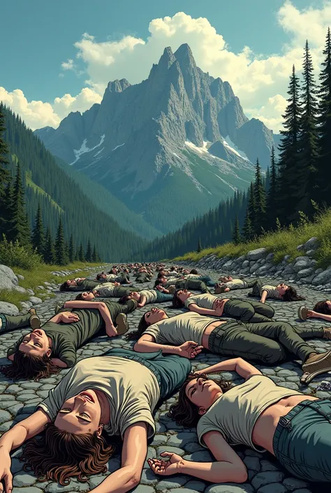 Comic-like image of defeated people on the ground against a background of mountains and trees