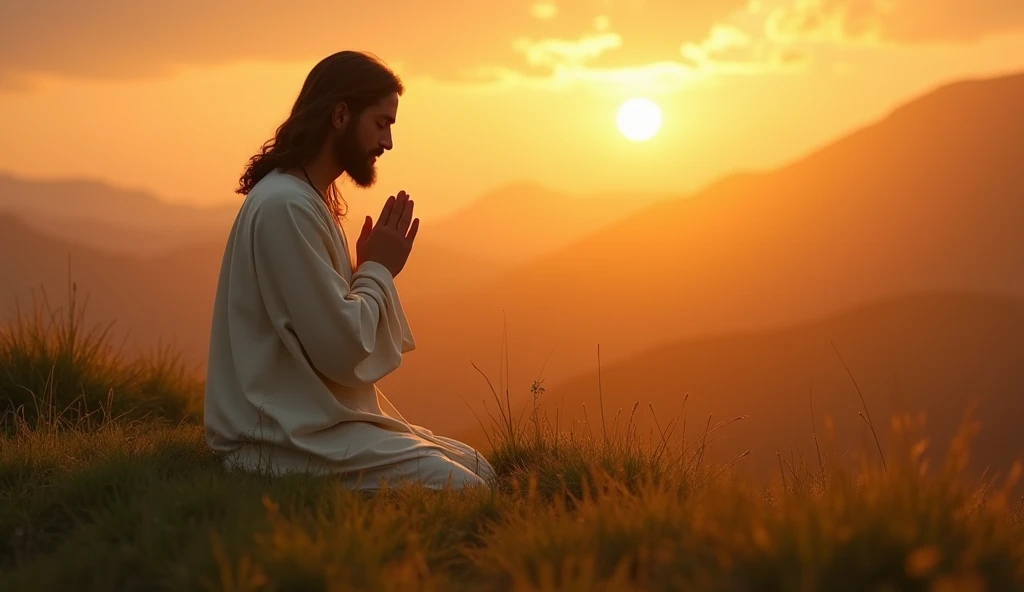 A close-up of Jesus kneeling in prayer on a grassy hill, His face serene and eyes closed, hands clasped in reverence. The background shows a vast, open field stretching toward a glowing sunset, in 16:9 aspect ratio."