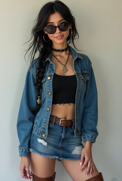 woman, black hair, Stuck on one side,  wet hair,  Long hair with low braid , toys, toys de argola, defined muscle body, Makeup , gentle smile,  Hair Ornament,  earphone, sunglasses, Anchor choker,  dressed in a denim skirt ,  medium top brown boots ,  pant...