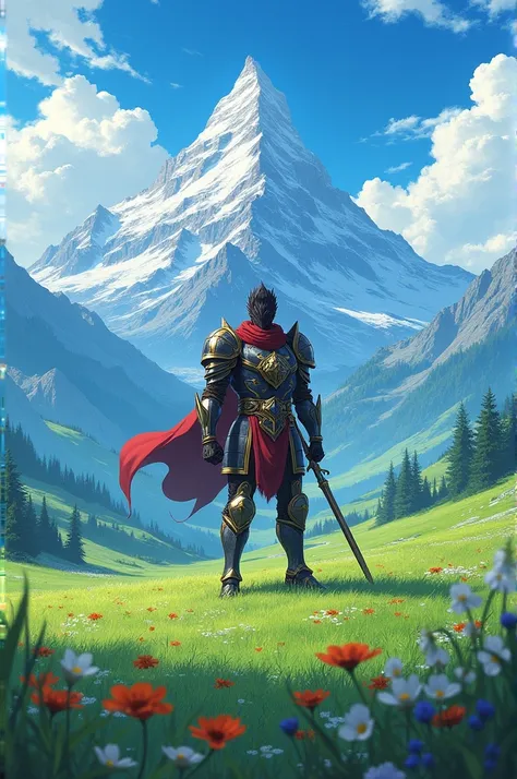 Landscape with mountains in the background and a field with a warrior who shows strength and determination in the middle of the field in anime style 