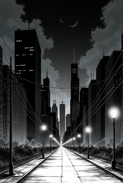 Create a black and white comic of several buildings in a city at night in the form of a manga