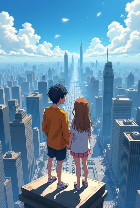 greeting 
I want a picture of an animated couple boy girl with the initial to boy A and girl M more anime characters standing on a building and looking at the whole city 